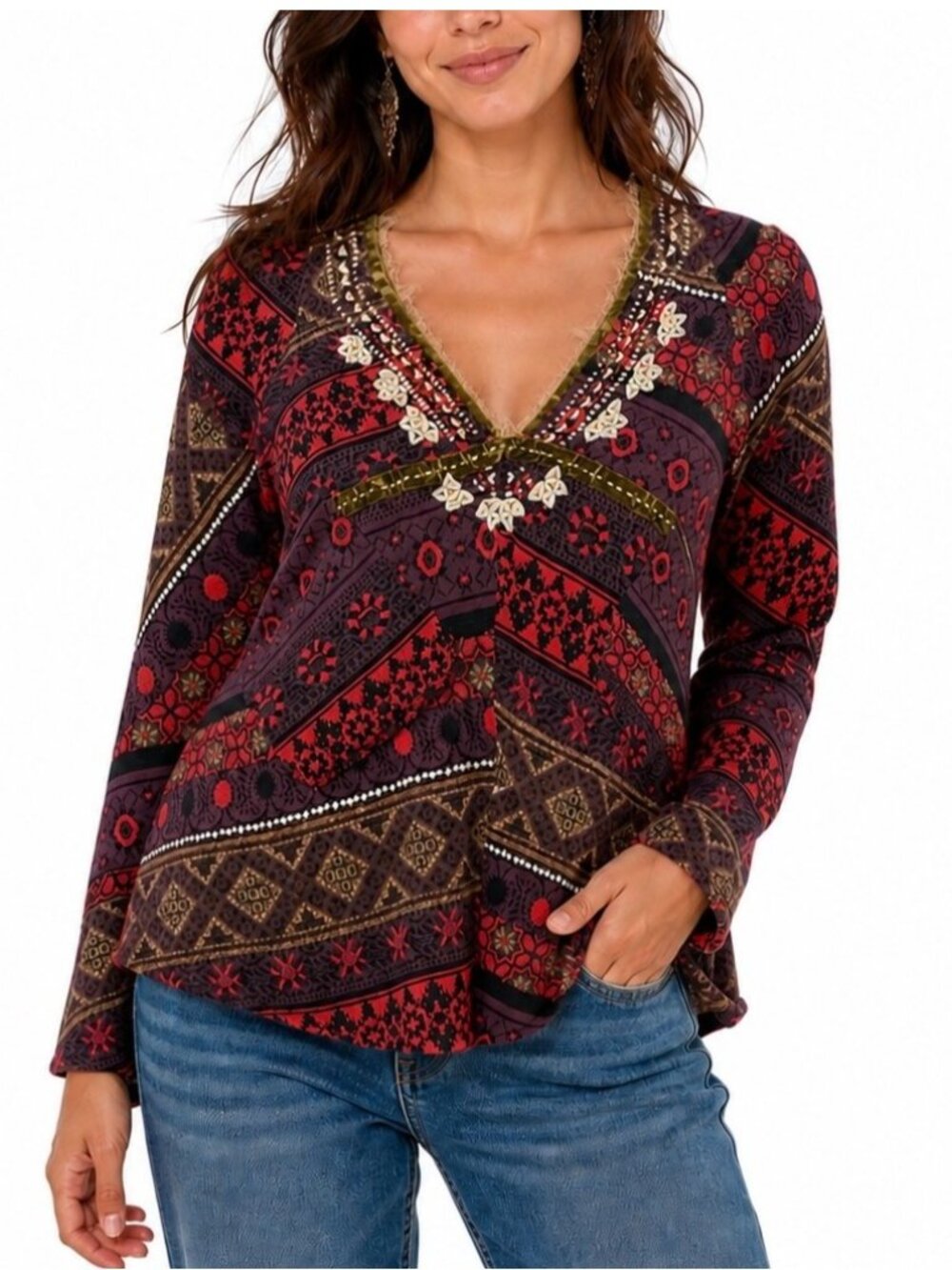 Free People Sweater Womens M Patchwork Embroidery Flare Cottage Folk Artsy Indie